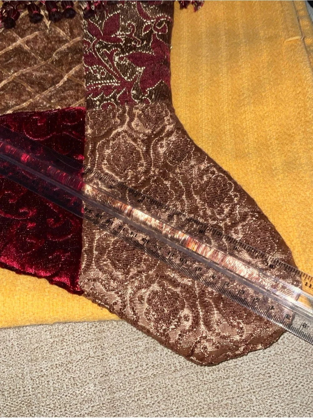 Christmas Stocking Patchwork Jacquard Velvet Cuff Tassel Burgundy Gold 20